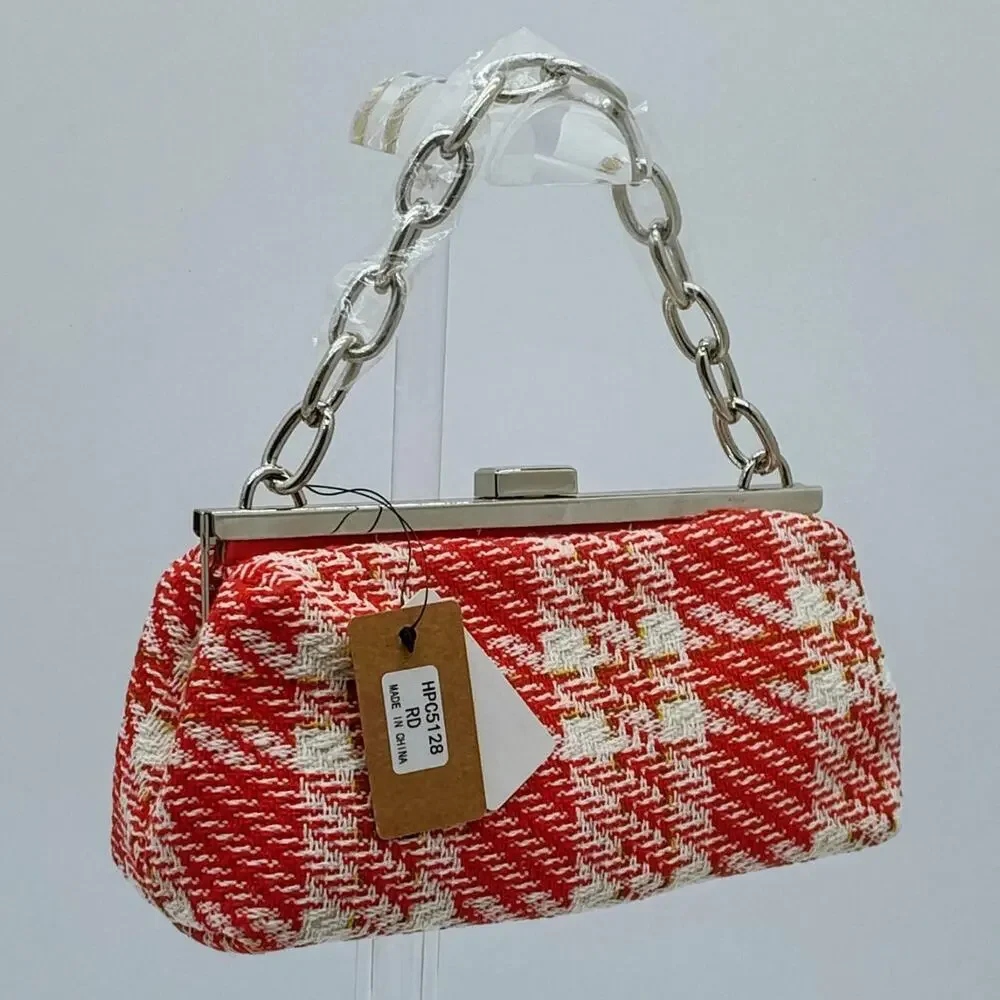 Tweed plaid hard case clutch